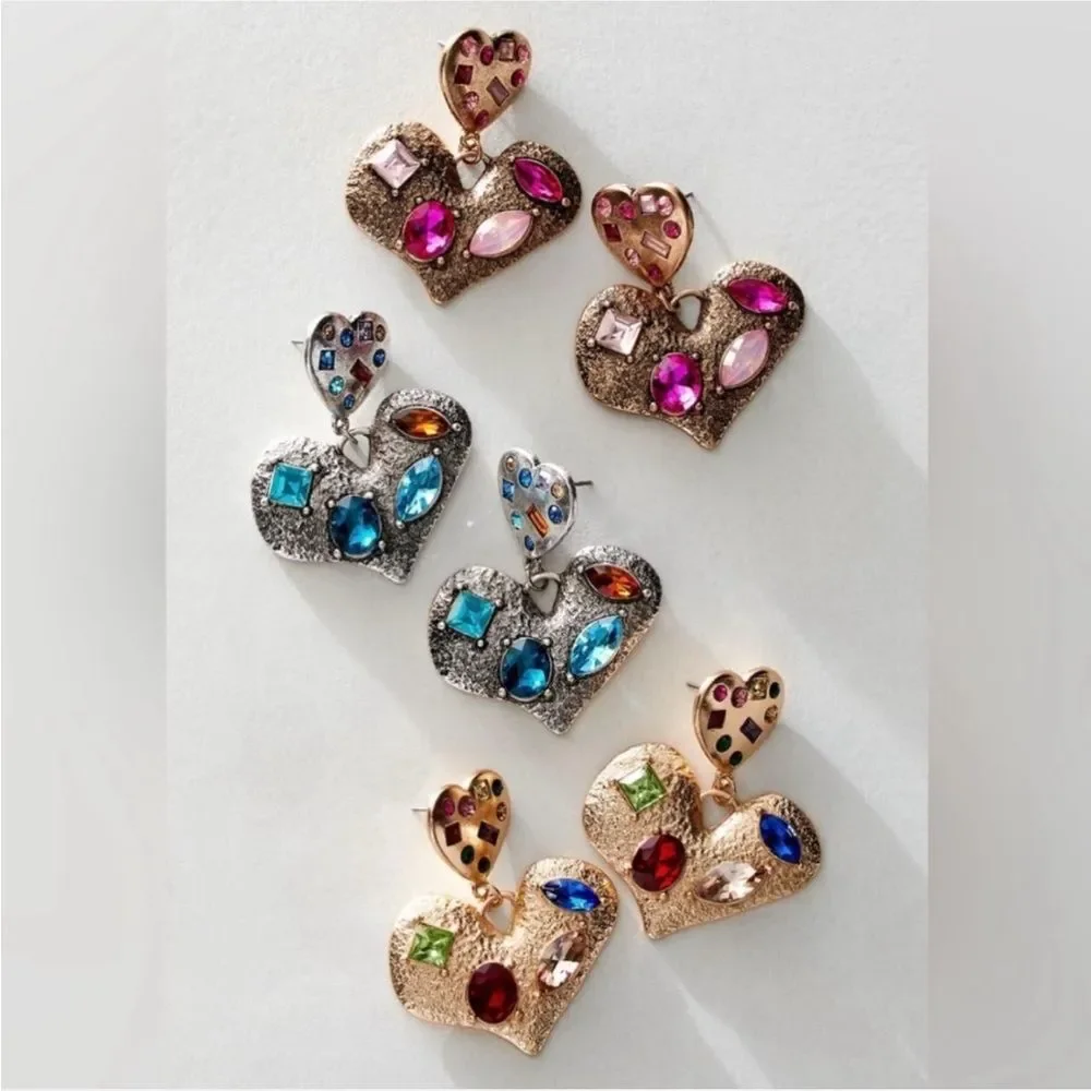 Free People My Everything Dangles Earrings Blue Gem Silver Hammered Metal Heart - Picture 7 of 9